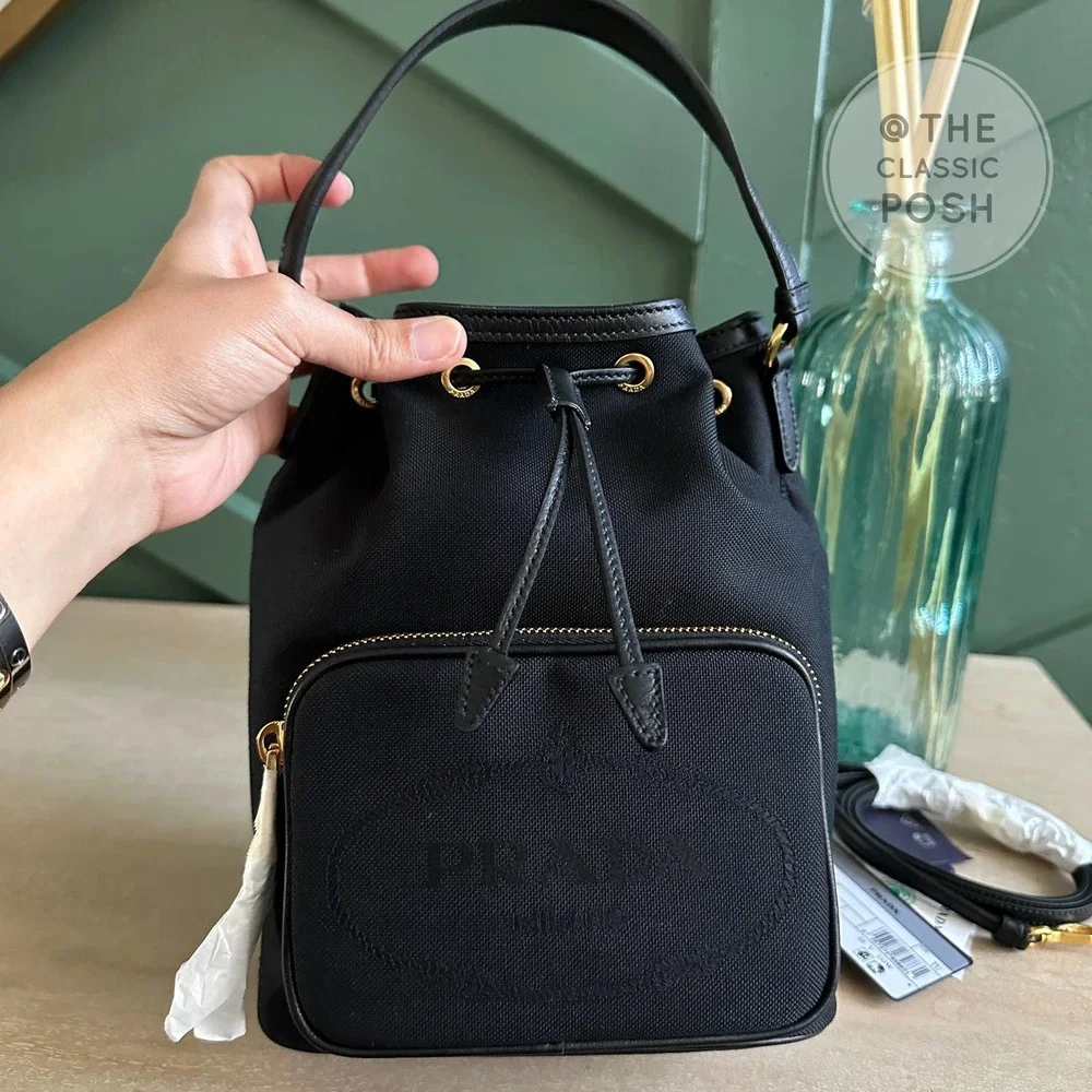 NEW Prada Jacquard Logo Bucket Black Canvas Tote Crossbody Bag
